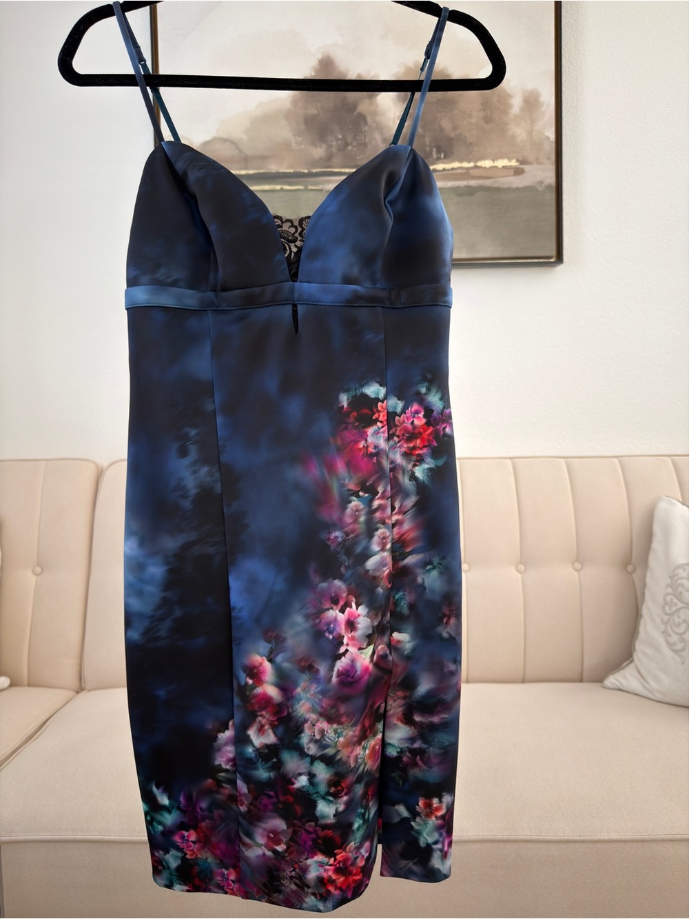 bebe Navy Satin Floral Slip Dress with Pink & Purple Accents